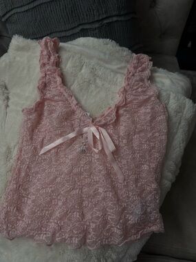 Garage Pink Lace Crop Cami with Ribbon